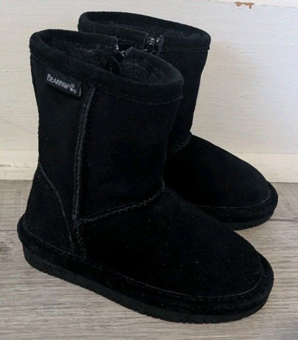 Bearpaw Emma Toddler Girl's Sz 7 Shearling Zip Winter Boots Black Fur Lined